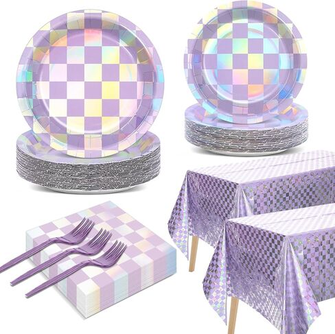 98 Pcs Iridescent Birthday Party Supplies Purple Checkered Tableware Table cover Set Holographic Party Decor Laser Purple Paper Plate Napkin Fork and Tablecloth for Baby Shower Bridal Disco Serve 24 in Saudi Arabia