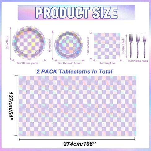 98 Pcs Iridescent Birthday Party Supplies Purple Checkered Tableware Table cover Set Holographic Party Decor Laser Purple Paper Plate Napkin Fork and Tablecloth for Baby Shower Bridal Disco Serve 24 in Saudi Arabia