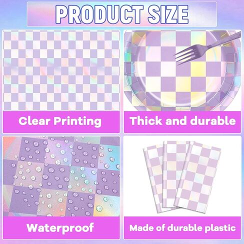 98 Pcs Iridescent Birthday Party Supplies Purple Checkered Tableware Table cover Set Holographic Party Decor Laser Purple Paper Plate Napkin Fork and Tablecloth for Baby Shower Bridal Disco Serve 24 in Saudi Arabia