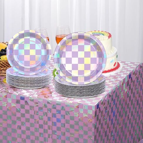 98 Pcs Iridescent Birthday Party Supplies Purple Checkered Tableware Table cover Set Holographic Party Decor Laser Purple Paper Plate Napkin Fork and Tablecloth for Baby Shower Bridal Disco Serve 24 in Saudi Arabia
