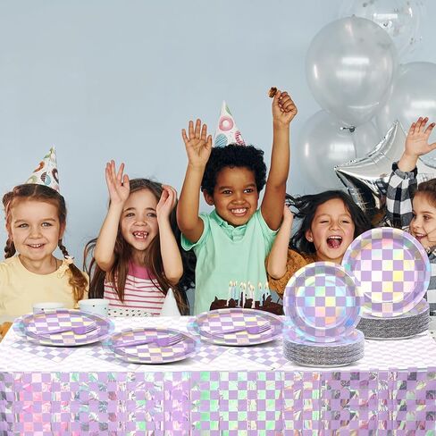 98 Pcs Iridescent Birthday Party Supplies Purple Checkered Tableware Table cover Set Holographic Party Decor Laser Purple Paper Plate Napkin Fork and Tablecloth for Baby Shower Bridal Disco Serve 24 in Saudi Arabia