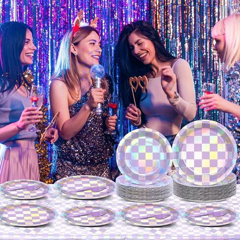 98 Pcs Iridescent Birthday Party Supplies Purple Checkered Tableware Table cover Set Holographic Party Decor Laser Purple Paper Plate Napkin Fork and Tablecloth for Baby Shower Bridal Disco Serve 24 in Saudi Arabia