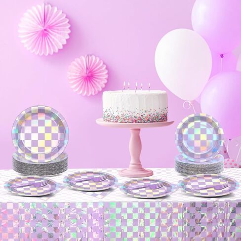 98 Pcs Iridescent Birthday Party Supplies Purple Checkered Tableware Table cover Set Holographic Party Decor Laser Purple Paper Plate Napkin Fork and Tablecloth for Baby Shower Bridal Disco Serve 24 in Saudi Arabia