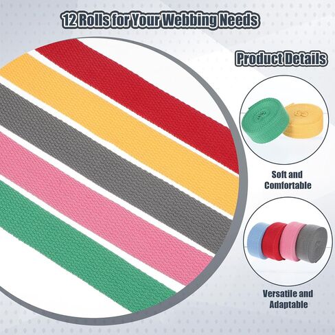 12Pcs Cotton Webbing Braid Handles Bag Strap, 1 Inch High Density Webbing Plain Weave Straps, 9.8ft Multicolor Polyester Cotton Straps for Cloth Tote Bag, Pet Collars, DIY Crafts, Outdoor Accessories in Saudi Arabia