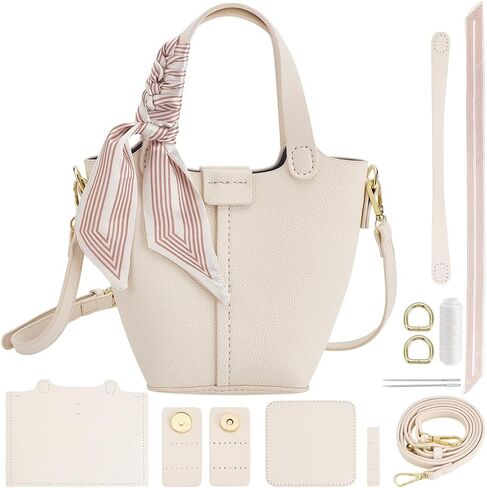 WEBEEDY DIY Leather Bucket Bag Making Kit Complete Handbag Purse Sewing Kit with Handbag Straps, Buckles, Ribbon, DIY Your Own Bucket Bag Making for Women Summer Holiday Travel Gift, Beige in Saudi Arabia