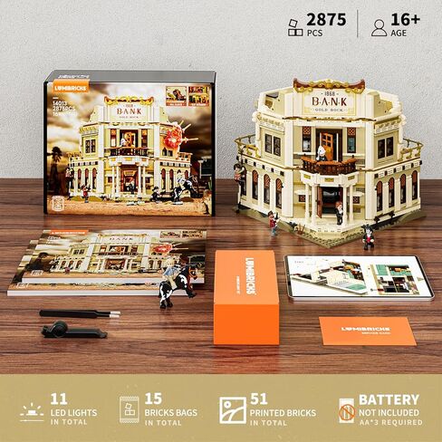 Western Bank Heist Lighting Building-Bricks Set - Wild West Outlaw Gold Heist 2875 Pcs Collection Display Set for West Lovers in Kuwait