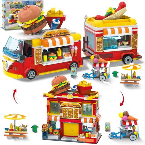 HOGOKIDS City Burger Truck House Building Toy - 2 in 1 Burger Van and Restaurant Building Blocks Set Mobile Ice Cream Food Cart Tables Restaurant Playset Valentines Gift for Kids Boys Girls 6+(826PCS) in Saudi Arabia