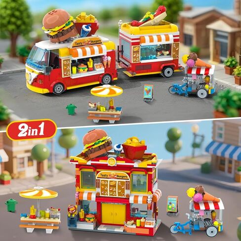 HOGOKIDS City Burger Truck House Building Toy - 2 in 1 Burger Van and Restaurant Building Blocks Set Mobile Ice Cream Food Cart Tables Restaurant Playset Valentines Gift for Kids Boys Girls 6+(826PCS) in Saudi Arabia