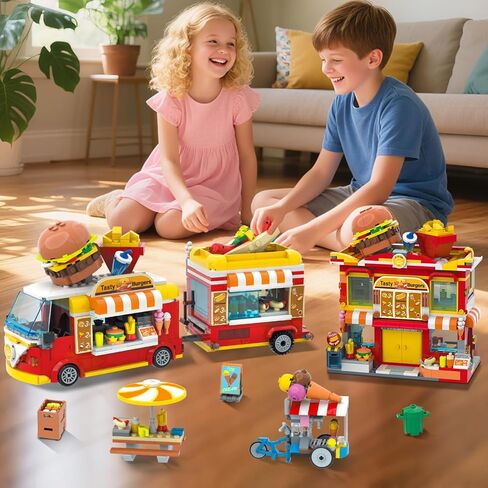 HOGOKIDS City Burger Truck House Building Toy - 2 in 1 Burger Van and Restaurant Building Blocks Set Mobile Ice Cream Food Cart Tables Restaurant Playset Valentines Gift for Kids Boys Girls 6+(826PCS) in Saudi Arabia