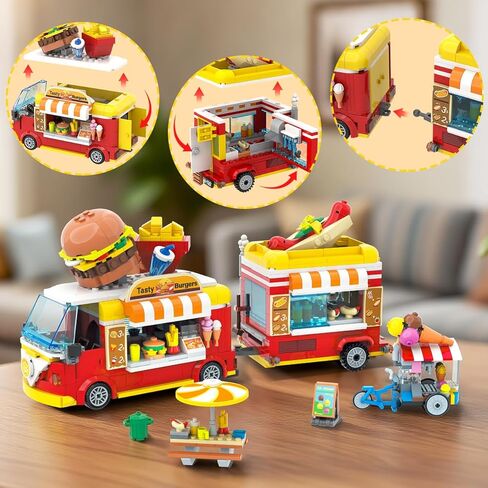 HOGOKIDS City Burger Truck House Building Toy - 2 in 1 Burger Van and Restaurant Building Blocks Set Mobile Ice Cream Food Cart Tables Restaurant Playset Valentines Gift for Kids Boys Girls 6+(826PCS) in Saudi Arabia