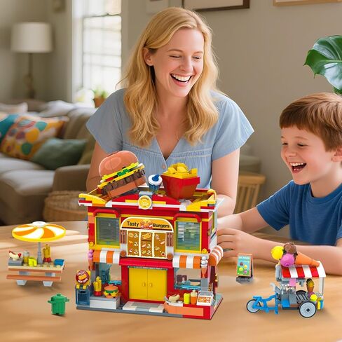HOGOKIDS City Burger Truck House Building Toy - 2 in 1 Burger Van and Restaurant Building Blocks Set Mobile Ice Cream Food Cart Tables Restaurant Playset Valentines Gift for Kids Boys Girls 6+(826PCS) in Saudi Arabia