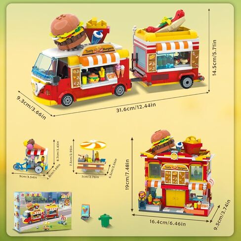 HOGOKIDS City Burger Truck House Building Toy - 2 in 1 Burger Van and Restaurant Building Blocks Set Mobile Ice Cream Food Cart Tables Restaurant Playset Valentines Gift for Kids Boys Girls 6+(826PCS) in Saudi Arabia
