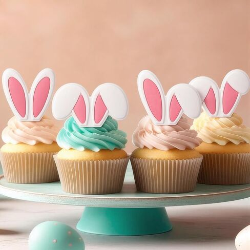 Bucherry 48 Pack Cute Easter Bunny Cupcake Toppers Party Decorations Rabbit Ear Cupcake Rings Bulk 4 Styles Pink White Rabbit Ear Cake Topper for Spring Festival Birthday Baby Shower Party Supplies in Saudi Arabia