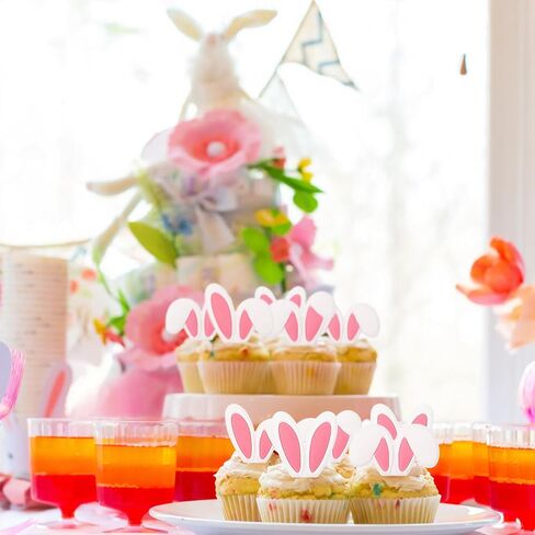 Bucherry 48 Pack Cute Easter Bunny Cupcake Toppers Party Decorations Rabbit Ear Cupcake Rings Bulk 4 Styles Pink White Rabbit Ear Cake Topper for Spring Festival Birthday Baby Shower Party Supplies in Saudi Arabia