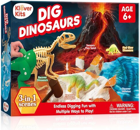 Klever Kits 3-in-1 Dinosaur Fossil Digging Kit STEM Learning Toys with Glow in The Dark Dinosaurs and Sensory Play Sand, DIY Your Own Dinosaur with 5 Color Clay, Gift for Kids Aged 6+ by Jova in Saudi Arabia