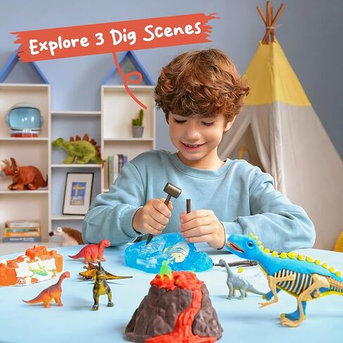 Klever Kits 3-in-1 Dinosaur Fossil Digging Kit STEM Learning Toys with Glow in The Dark Dinosaurs and Sensory Play Sand, DIY Your Own Dinosaur with 5 Color Clay, Gift for Kids Aged 6+ by Jova in Saudi Arabia