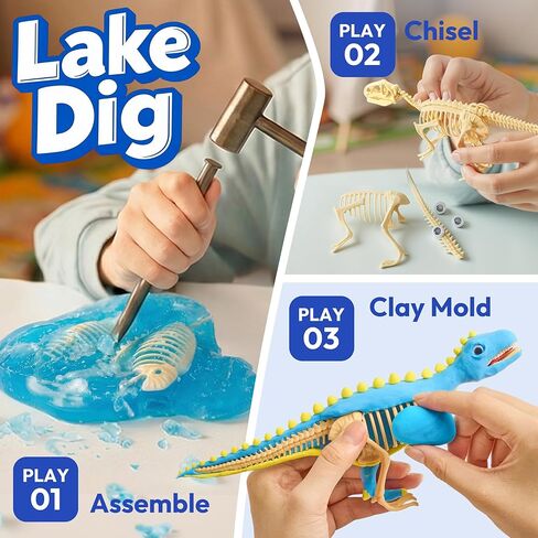 Klever Kits 3-in-1 Dinosaur Fossil Digging Kit STEM Learning Toys with Glow in The Dark Dinosaurs and Sensory Play Sand, DIY Your Own Dinosaur with 5 Color Clay, Gift for Kids Aged 6+ by Jova in Saudi Arabia