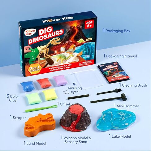 Klever Kits 3-in-1 Dinosaur Fossil Digging Kit STEM Learning Toys with Glow in The Dark Dinosaurs and Sensory Play Sand, DIY Your Own Dinosaur with 5 Color Clay, Gift for Kids Aged 6+ by Jova in Saudi Arabia
