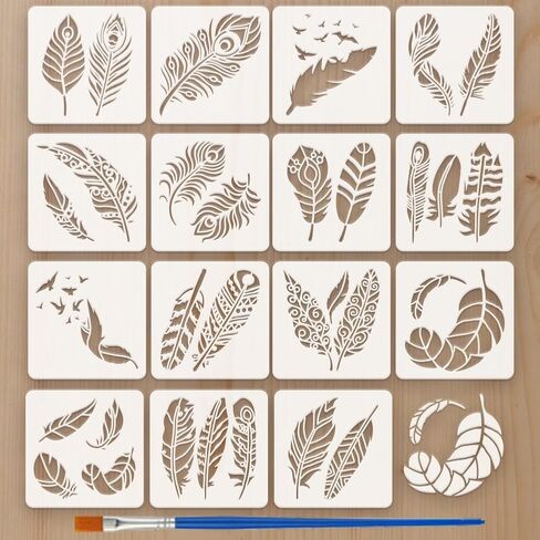 FINGERINSPIRE 15PCS Feathers Patterns Painting Stencils with Plastic Brush 5.9x5.9inch Reusable Flying Birds Drawing Templates Beautiful Feathers Stencils Fantasy Theme Templates for Wall Decoration in Saudi Arabia