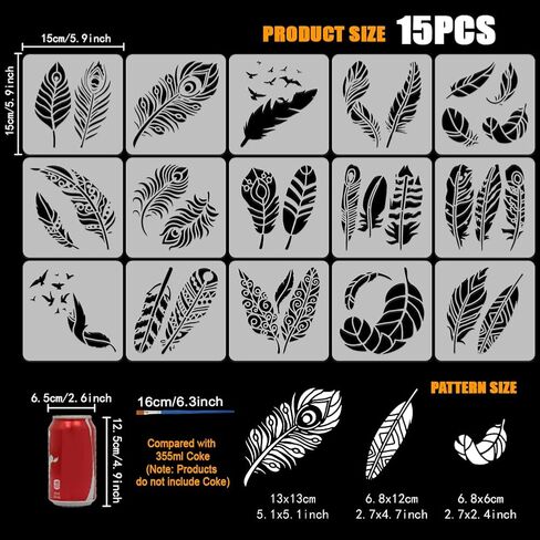 FINGERINSPIRE 15PCS Feathers Patterns Painting Stencils with Plastic Brush 5.9x5.9inch Reusable Flying Birds Drawing Templates Beautiful Feathers Stencils Fantasy Theme Templates for Wall Decoration in Saudi Arabia