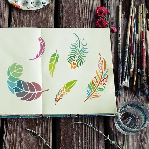 FINGERINSPIRE 15PCS Feathers Patterns Painting Stencils with Plastic Brush 5.9x5.9inch Reusable Flying Birds Drawing Templates Beautiful Feathers Stencils Fantasy Theme Templates for Wall Decoration in Saudi Arabia