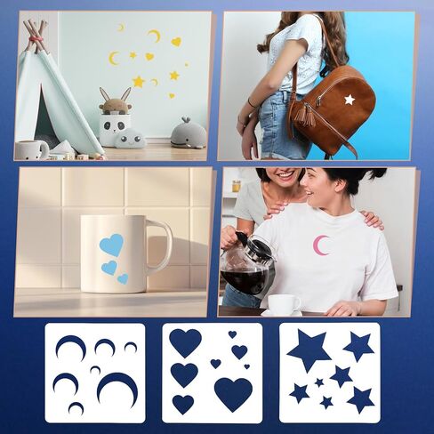 6 Pack Moon Star and Heart Stencil Set, Small Reusable Plastic Art Craft Templates Fabric Drawing Stencils for Painting on Walls, Wood, Fabric, Paper, Canvas Home Decoration DIY Craft Projects in Saudi Arabia
