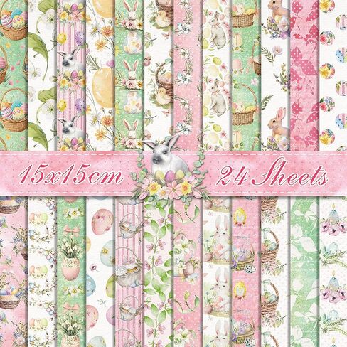 24 Design Easter Scrapbook Paper 6x6 Spring Cardstock Decorative Decoupage Double Sided Rabbit Eggs Flower Basket Patterned Scrapbooking Supplies Origami Papers for Card Making Craft Supplies in Saudi Arabia