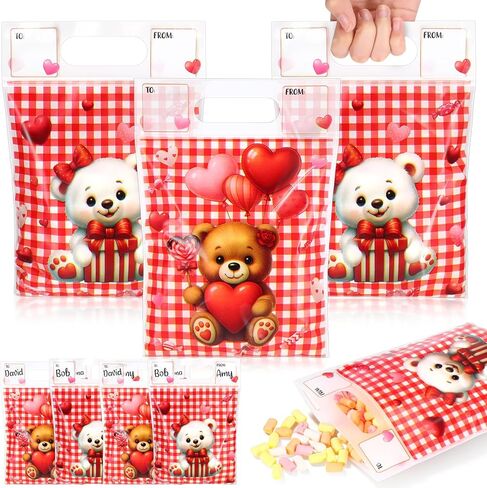 Pajean 25 Pack Valentine's Day Plastic Gift Bags with Handles 6.7x7.9 Inch Red Check Bear Candy Bags Galentines Day Treat Pouch with to from Labels for Classroom Galentines Party Favor Cookie Package in Saudi Arabia