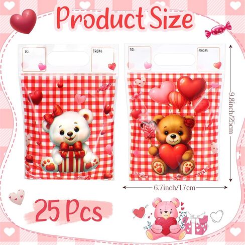 Pajean 25 Pack Valentine's Day Plastic Gift Bags with Handles 6.7x7.9 Inch Red Check Bear Candy Bags Galentines Day Treat Pouch with to from Labels for Classroom Galentines Party Favor Cookie Package in Saudi Arabia