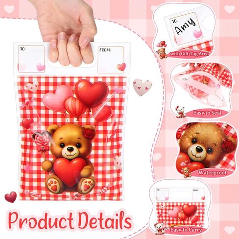 Pajean 25 Pack Valentine's Day Plastic Gift Bags with Handles 6.7x7.9 Inch Red Check Bear Candy Bags Galentines Day Treat Pouch with to from Labels for Classroom Galentines Party Favor Cookie Package in Saudi Arabia