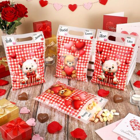Pajean 25 Pack Valentine's Day Plastic Gift Bags with Handles 6.7x7.9 Inch Red Check Bear Candy Bags Galentines Day Treat Pouch with to from Labels for Classroom Galentines Party Favor Cookie Package in Saudi Arabia