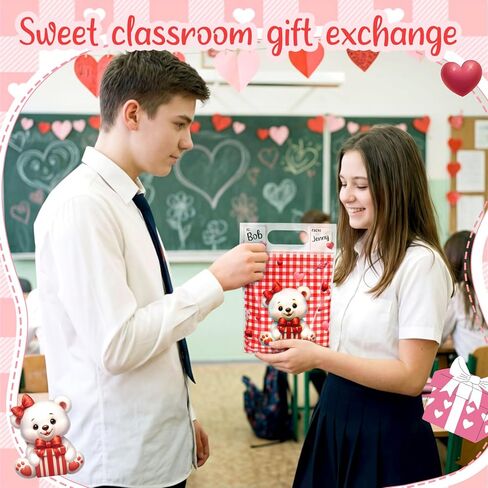 Pajean 25 Pack Valentine's Day Plastic Gift Bags with Handles 6.7x7.9 Inch Red Check Bear Candy Bags Galentines Day Treat Pouch with to from Labels for Classroom Galentines Party Favor Cookie Package in Saudi Arabia