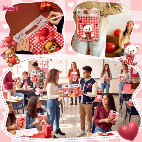 Pajean 25 Pack Valentine's Day Plastic Gift Bags with Handles 6.7x7.9 Inch Red Check Bear Candy Bags Galentines Day Treat Pouch with to from Labels for Classroom Galentines Party Favor Cookie Package in Saudi Arabia