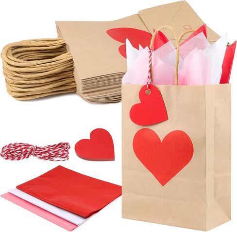 TaoQ C 24 Pack Valentines Day Gift Bags with Tissue and Tags Valentines Kraft Paper Bags Valentines Candy Bags with Handles for Valentine's Day Wedding Anniversary Birthday in Saudi Arabia