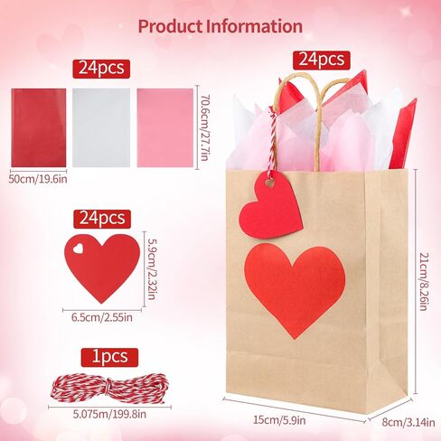 TaoQ C 24 Pack Valentines Day Gift Bags with Tissue and Tags Valentines Kraft Paper Bags Valentines Candy Bags with Handles for Valentine's Day Wedding Anniversary Birthday in Saudi Arabia