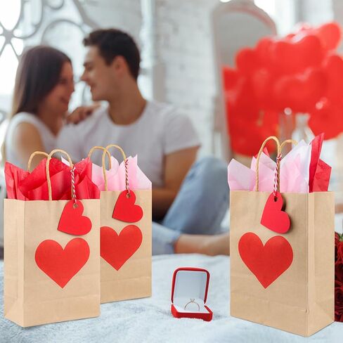 TaoQ C 24 Pack Valentines Day Gift Bags with Tissue and Tags Valentines Kraft Paper Bags Valentines Candy Bags with Handles for Valentine's Day Wedding Anniversary Birthday in Saudi Arabia