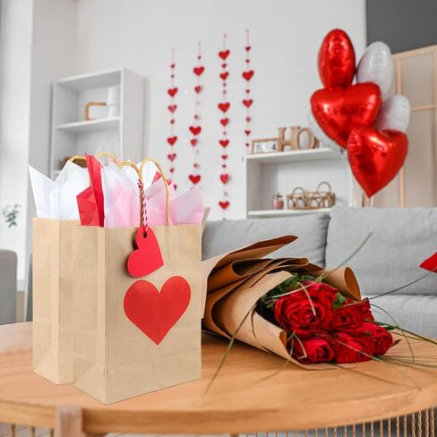 TaoQ C 24 Pack Valentines Day Gift Bags with Tissue and Tags Valentines Kraft Paper Bags Valentines Candy Bags with Handles for Valentine's Day Wedding Anniversary Birthday in Saudi Arabia
