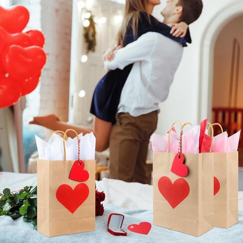 TaoQ C 24 Pack Valentines Day Gift Bags with Tissue and Tags Valentines Kraft Paper Bags Valentines Candy Bags with Handles for Valentine's Day Wedding Anniversary Birthday in Saudi Arabia