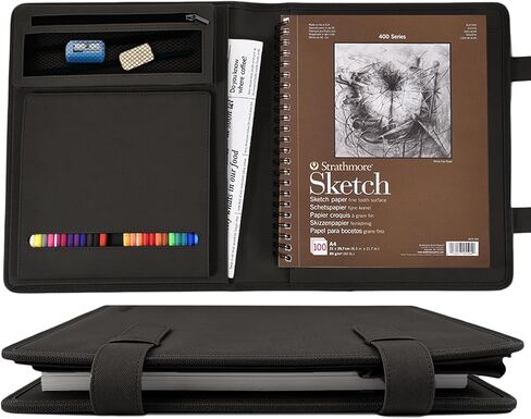 Leather Sketchbook Cover for 9x12 - Travel Portfolio Case with Storage, Holds Large Sketch Book & Spiral Pad | All-in-One Artist Organizer with Pencil Holder (Black) in Saudi Arabia