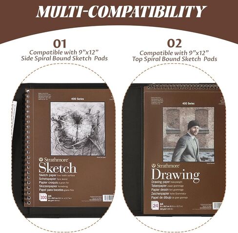Leather Sketchbook Cover for 9x12 - Travel Portfolio Case with Storage, Holds Large Sketch Book & Spiral Pad | All-in-One Artist Organizer with Pencil Holder (Black) in Saudi Arabia