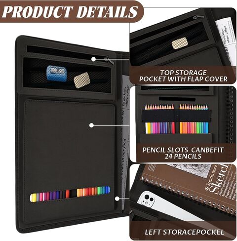 Leather Sketchbook Cover for 9x12 - Travel Portfolio Case with Storage, Holds Large Sketch Book & Spiral Pad | All-in-One Artist Organizer with Pencil Holder (Black) in Saudi Arabia