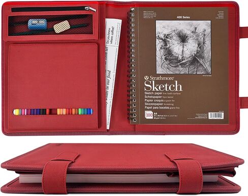Leather Sketchbook Cover for 9x12 - Travel Portfolio Case with Storage, Holds Large Sketch Book & Spiral Pad | All-in-One Artist Organizer with Pencil Holder (Black) in Saudi Arabia