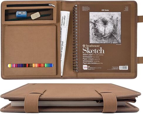 Leather Sketchbook Cover for 9x12 - Travel Portfolio Case with Storage, Holds Large Sketch Book & Spiral Pad | All-in-One Artist Organizer with Pencil Holder (Black) in Saudi Arabia