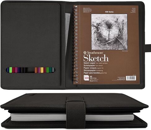 غطاء دفتر رسم جلدي مقاس 9 × 12 - حقيبة سفر مع مساحة تخزين، تحمل كتاب رسم كبير ووسادة حلزونية | منظم فنان الكل في واحد مع حامل أقلام (أسود) in Kuwait