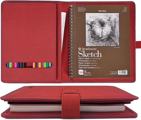 Leather Sketchbook Cover for 9x12 - Travel Portfolio Case with Storage, Holds Large Sketch Book & Spiral Pad | All-in-One Artist Organizer with Pencil Holder (Black) in Saudi Arabia