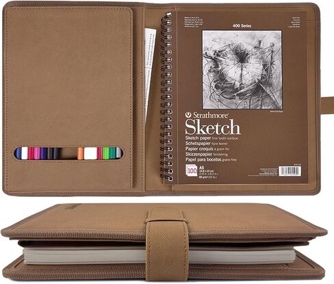 Leather Sketchbook Cover for 9x12 - Travel Portfolio Case with Storage, Holds Large Sketch Book & Spiral Pad | All-in-One Artist Organizer with Pencil Holder (Black) in Saudi Arabia