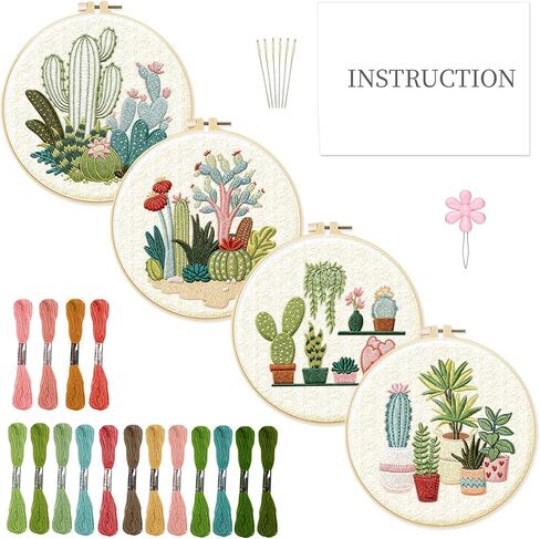 INFUNLY 4pcs Cactus Embroidery Kit Embroidery Starter Kits Cactus Cross Stitch Kits for Adults Stamped Embroidery Set with Patterns Embroidery Kit for Beginners Instruction Included in Kuwait
