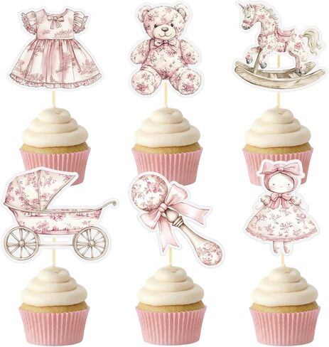 Zhehao 48 Pcs Pink Toile De Jouy Baby Shower Cupcake Toppers Vintage Pink and White Party Decorations Baby Shower Cake Decor Cupcake Decorations Cake Decorating Party Supplies Decor in Saudi Arabia