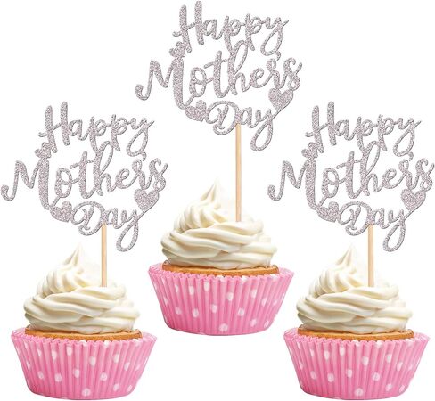 24 PCS Happy Mother's Day Cupcake Toppers with Glitter Heart Love Mother Best Mom Cupcake Picks for Happy Mother's Day Theme Women Birthday Party Cake Decorations Supplies Pink in Saudi Arabia