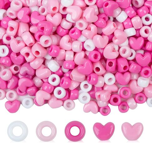 Valentine's Day Pony Beads, 1200pcs Assorted Pink Pony Beads and Heart Beads for Jewelry Making, Craft Beading for Home Decor Party DIY Crafts, Hair Beading (Pink, Light Pink, White) in Saudi Arabia